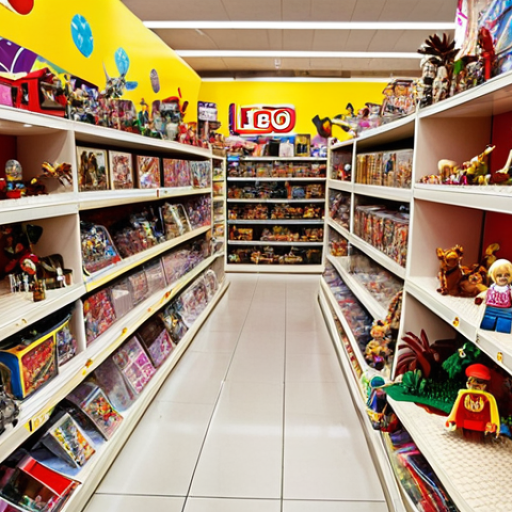 **

A vibrant scene inside a toy store overflowing with colorful and creatively designed toys. Focus on the happy expressions of children interacting with the toys. Include a variety of popular toys like Lego, Barbie, and Pokemon merchandise.

**