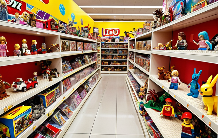 **
A vibrant scene inside a toy store overflowing with colorful and creatively designed toys. Focus on the happy expressions of children interacting with the toys. Include a variety of popular toys like Lego, Barbie, and Pokemon merchandise.
**